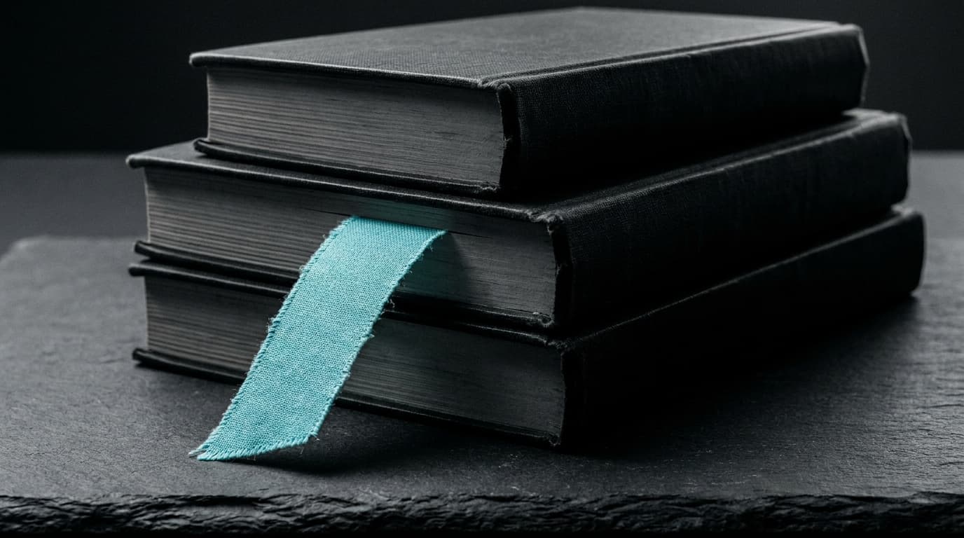 Macro still-life of a small stack of black hardcover books edge-on with a thin cyan bookmark.