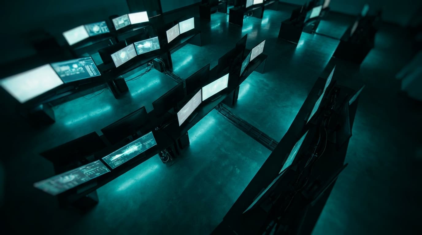Cinematic press-photo of a dimly lit cybersecurity operations center seen from above, single bio-cyan glow against pure black.