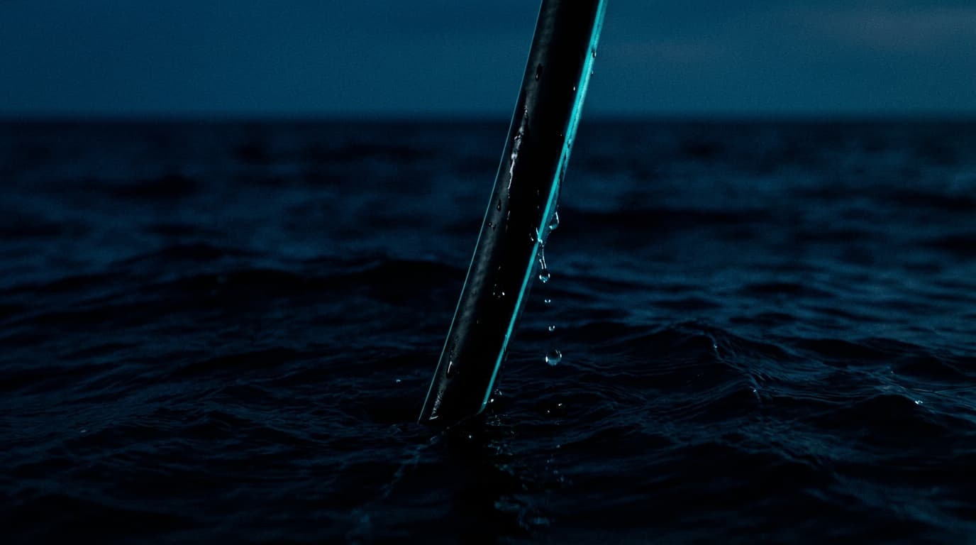 Black undersea fiber-optic cable rising from dark water with droplets catching a thin cyan rim light.