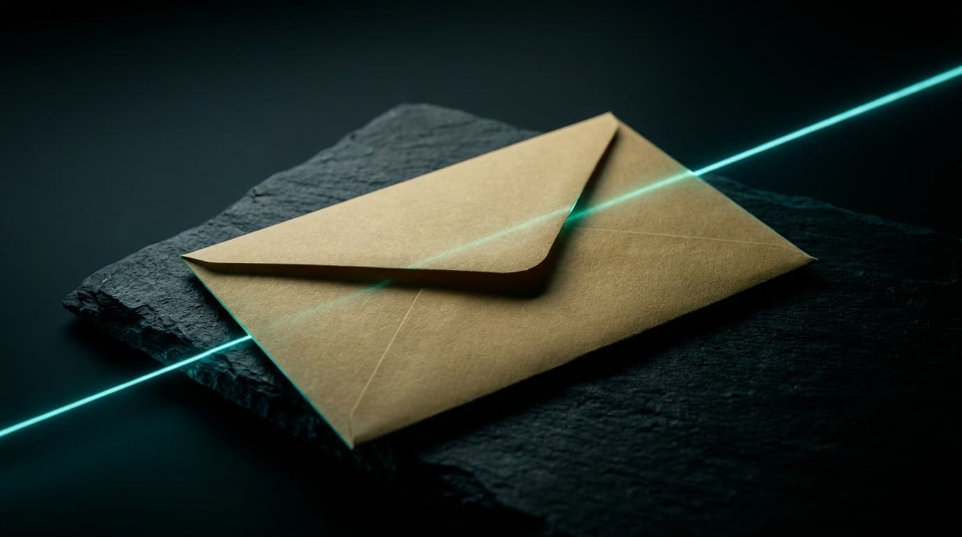 Still-life of a sealed manila envelope on dark slate with a thin cyan ribbon of light crossing the frame.