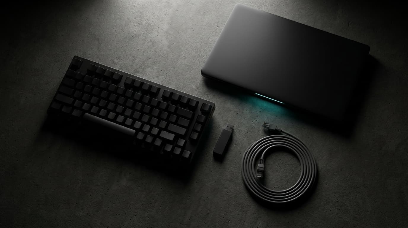 Overhead photograph of a dark workbench with a black keyboard, closed laptop, and coiled cable arranged on dark concrete.