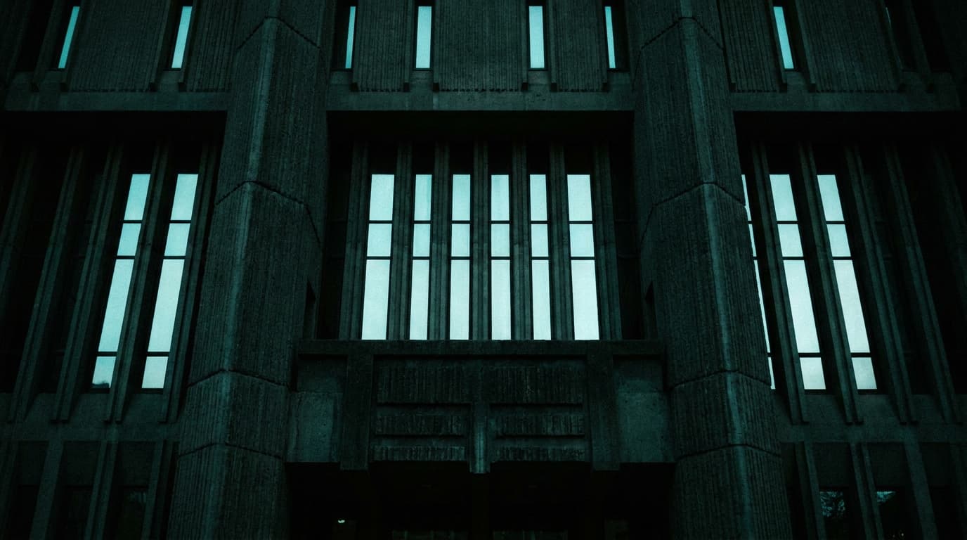 Symmetrical photograph of a dark brutalist courthouse facade at dusk, faint cyan reflection in tall narrow windows.