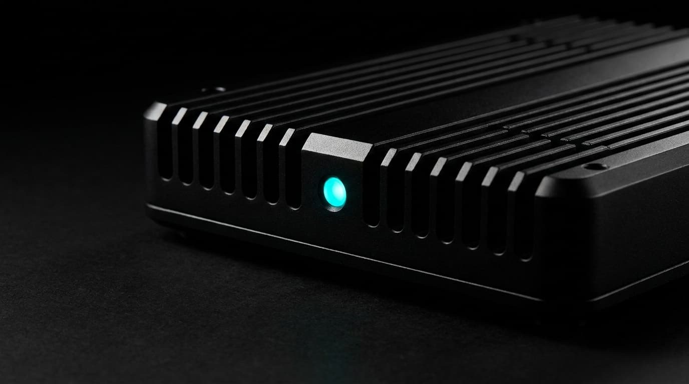 Macro close-up of a black machined-aluminum server module with a single bio-cyan status LED against pure black.