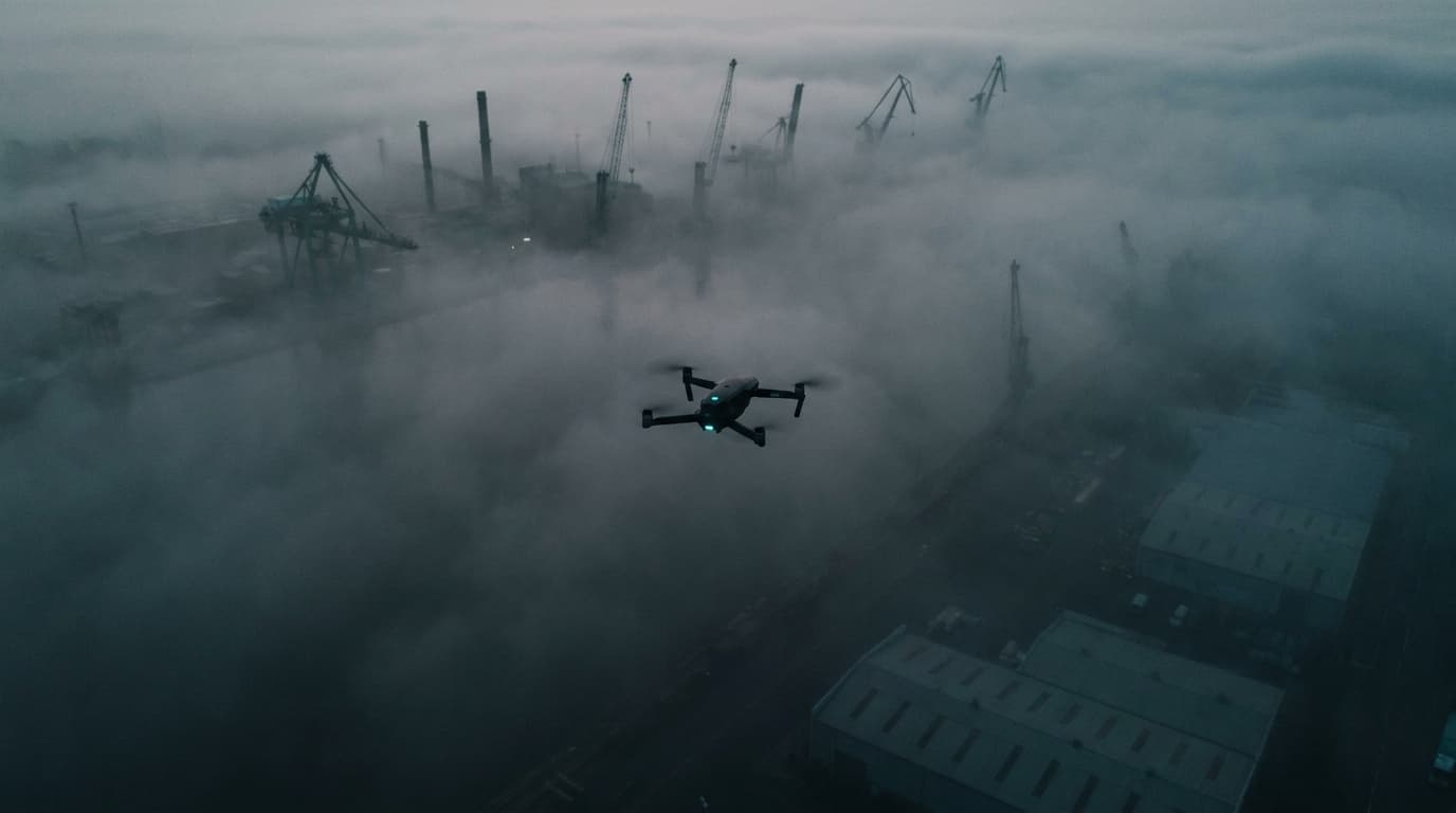 Top-down photograph of a single small black drone loitering above fog at dawn.