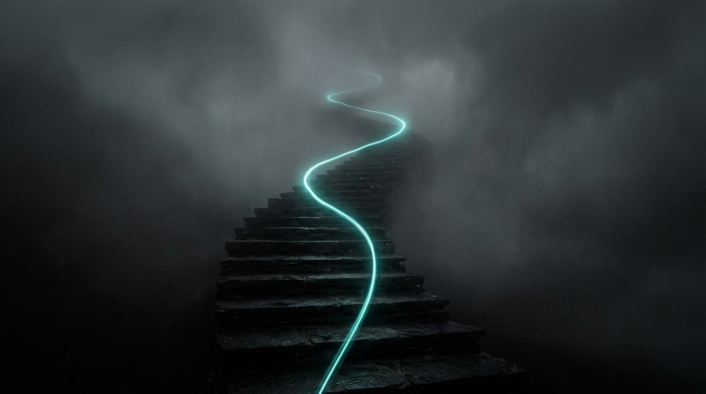 Long exposure of a single thin cyan light-trail rising along a black slate staircase that recedes into fog.