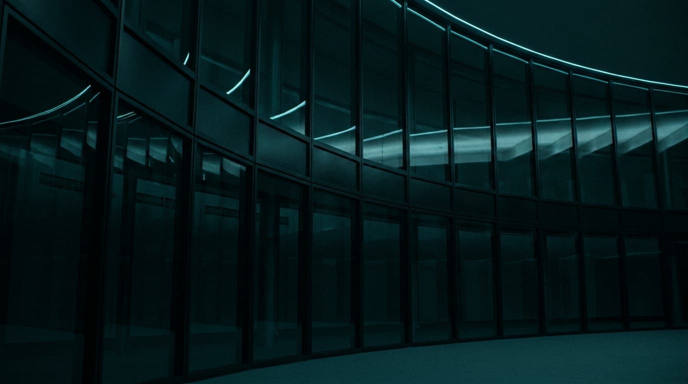 Architectural shot of a dark glass-and-steel control-room wall with faint cyan reflected highlights.
