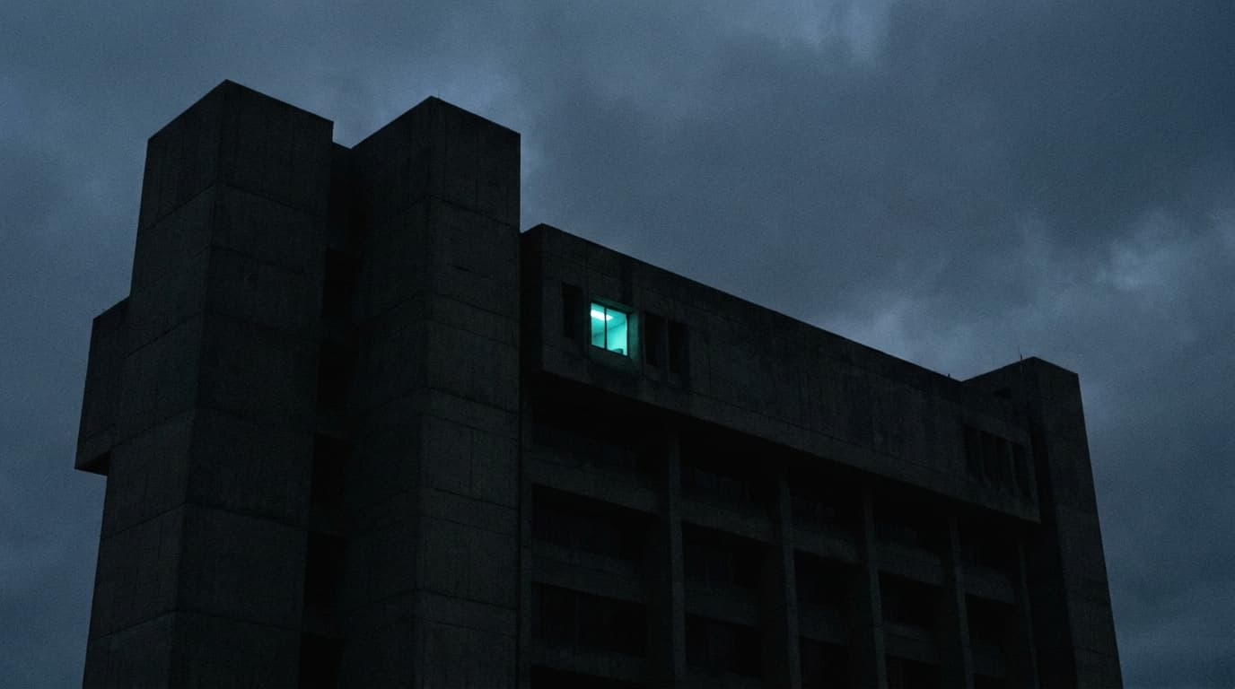 Silhouette of a dark concrete federal-style building at blue hour, single small bio-cyan-tinted window light.