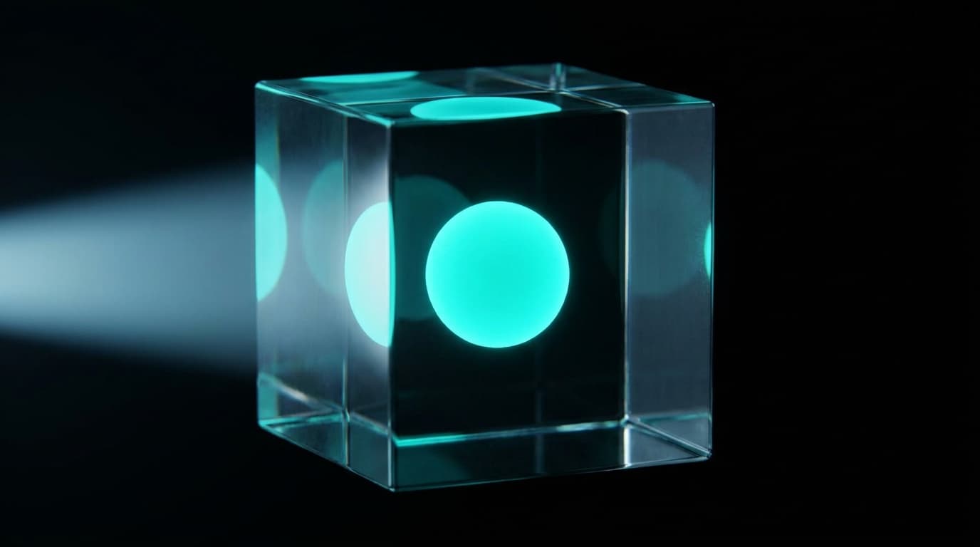 A single point of bio-cyan light suspended inside a clear crystal cube — a vector in semantic space.