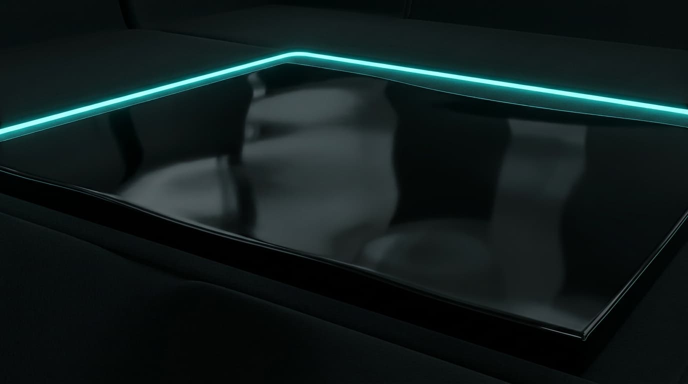 A black-mirror surface with a slightly distorted reflection — confident lies look like truth.