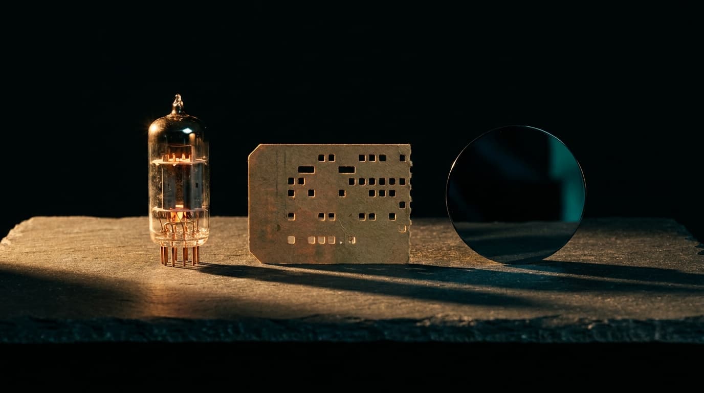 Three artifacts on dark slate: a vacuum tube, a perforated punch-card, and a black silicon chip — the chronology of compute.