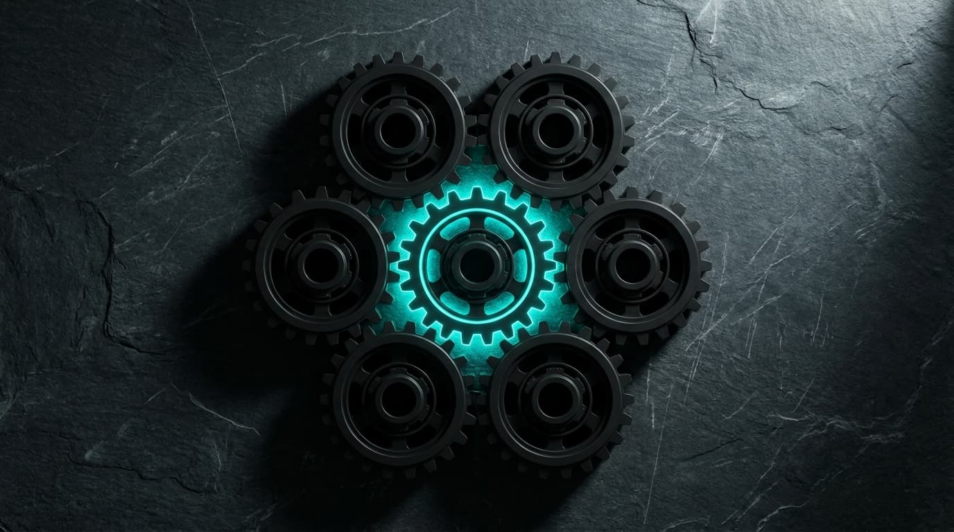 Seven identical matte-black gears in a hexagonal cluster, one glowing cyan.