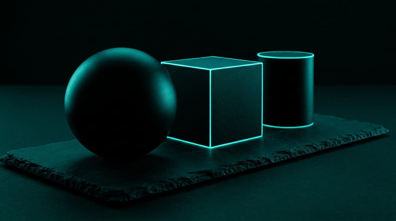 A black sphere, a black cube, and a black cylinder on dark slate — three modalities, one form factor.
