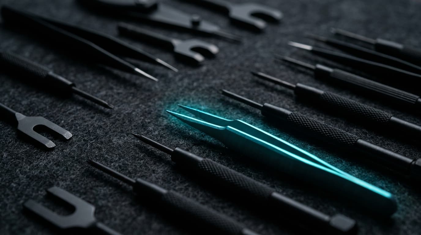 A watchmaker's precision tool kit on dark felt — post-training is the craft layer.