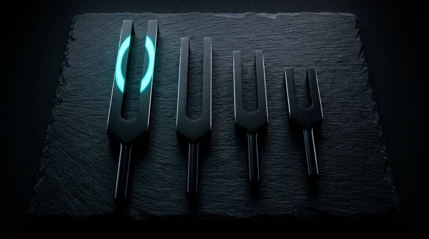 Four matte-black tuning forks of decreasing size on dark slate — RLHF, DPO, KTO, ORPO.