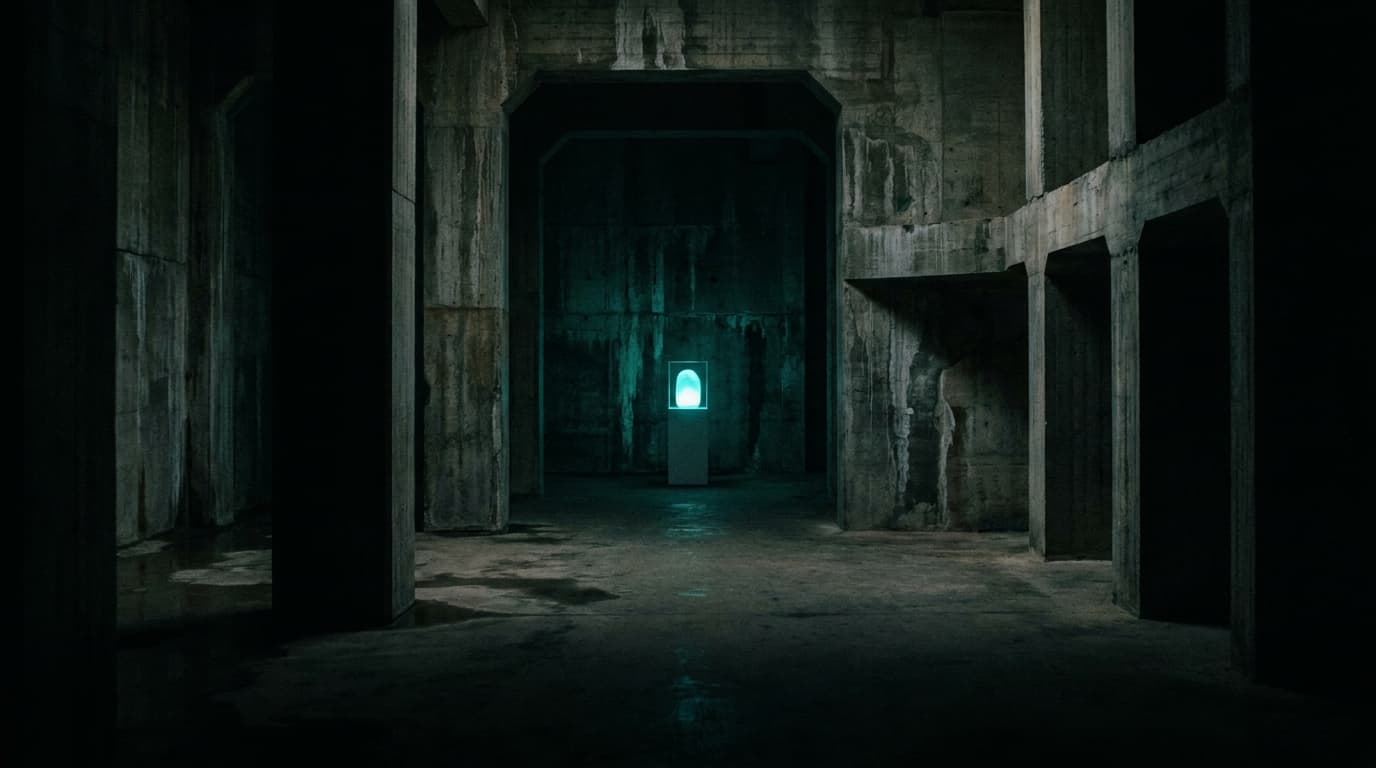 A single small bio-cyan light glowing in a vast dark concrete chamber — safety is what you keep contained.