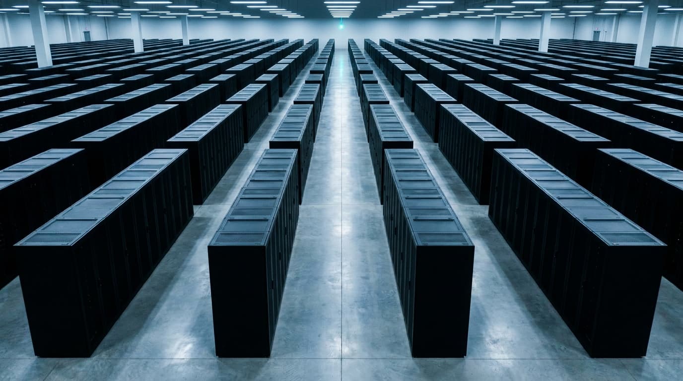 Vast top-down architectural shot of an empty server room — where training actually happens.