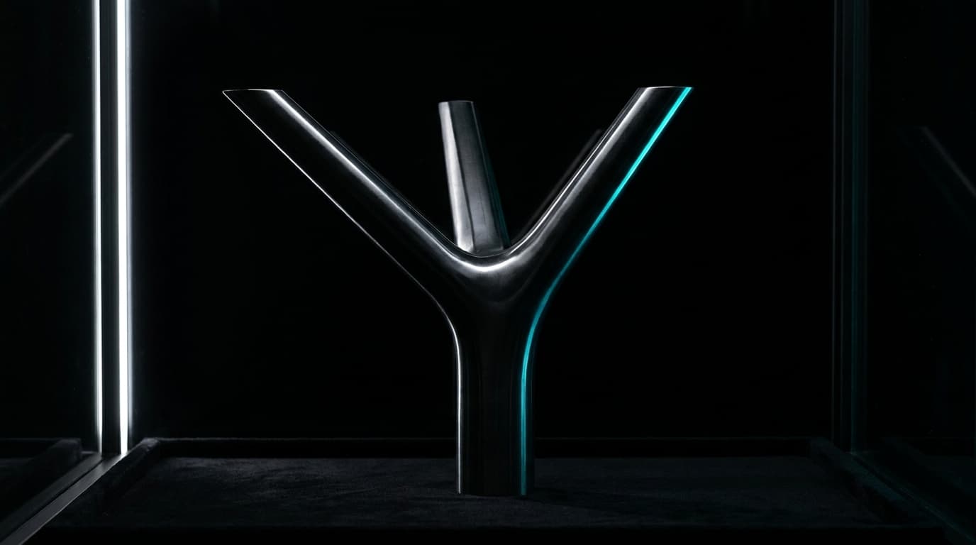 Polished black branching Y-form sculpture against deep void black — the transformer family tree.