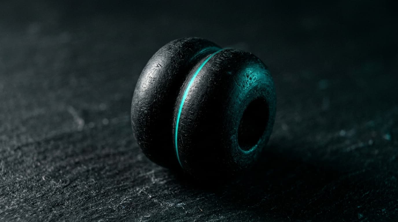A single matte-black abacus bead on dark slate with bio-cyan rim light.