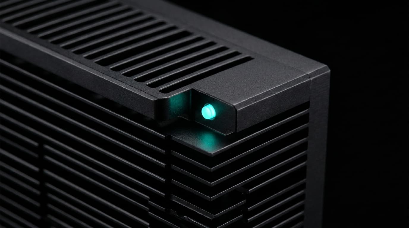 Macro of a graphics card heatsink with parallel cooling fins and a bio-cyan LED.