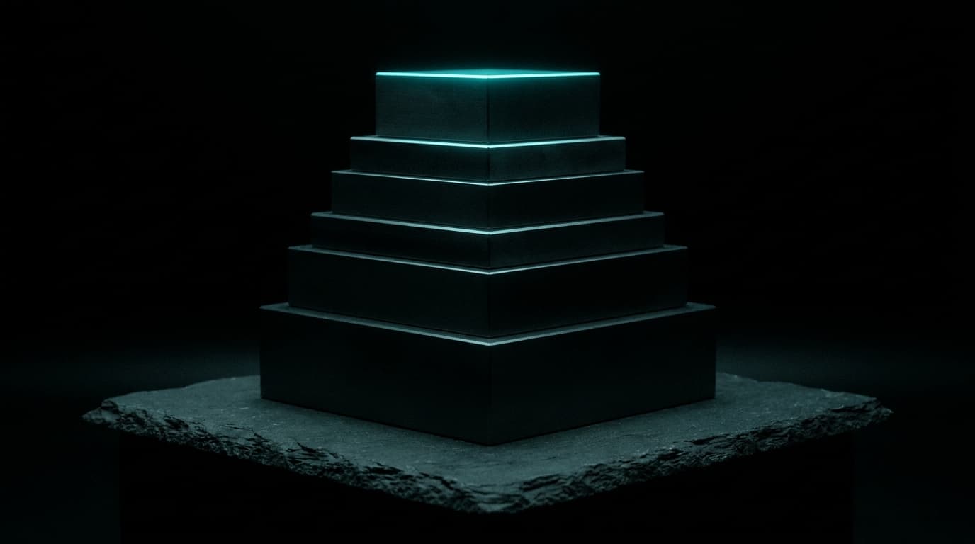 A precise stack of seven matte-black machined blocks of varying sizes.