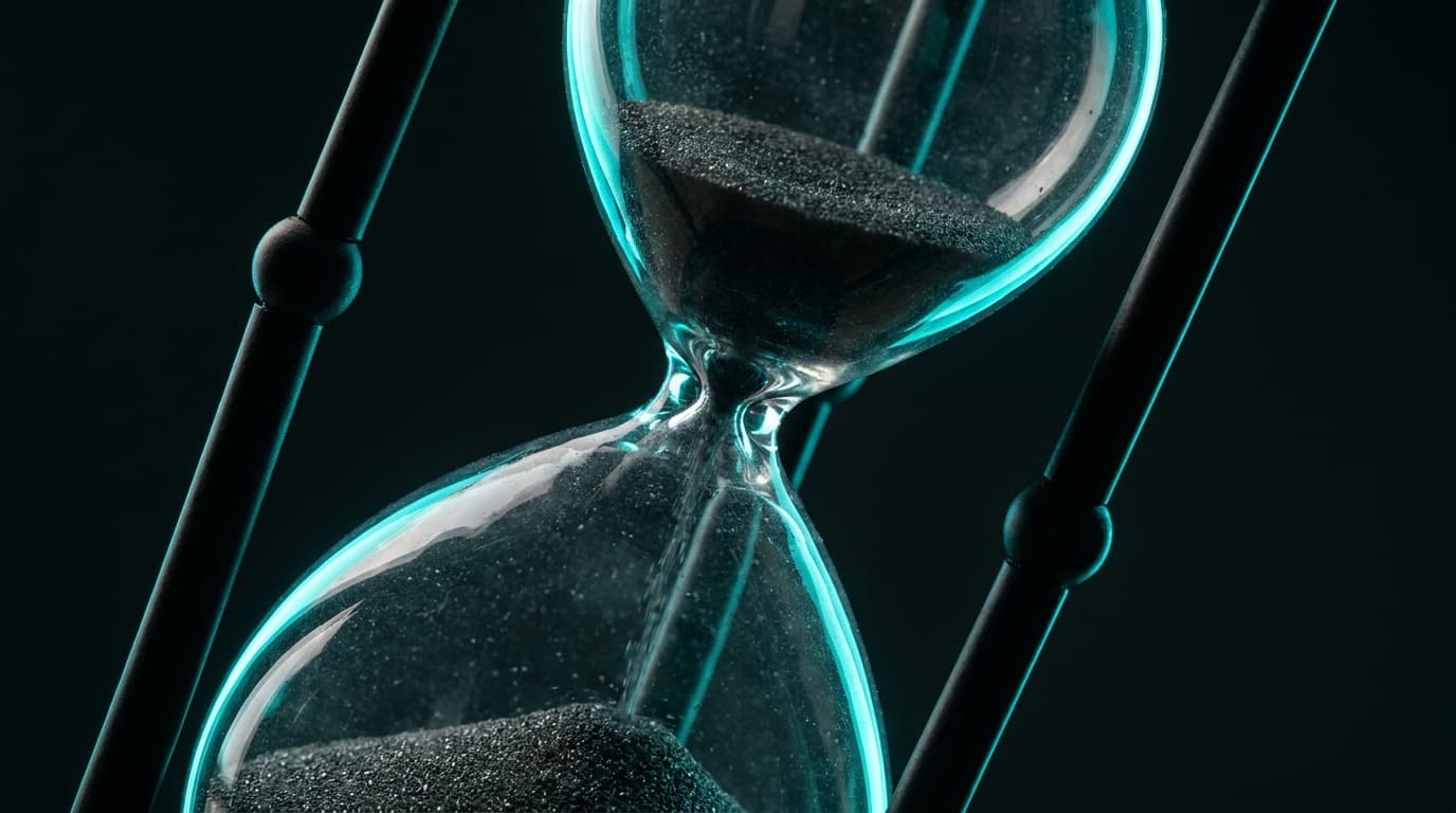 Fine dark grains falling through a matte-black hourglass — tokens.