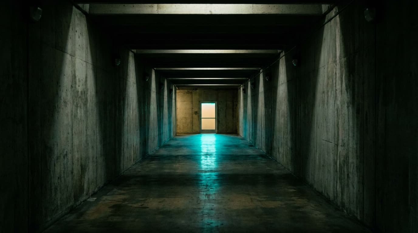 A long dark corridor with a single warm-lit doorway at the end, bio-cyan light spilling from beneath.