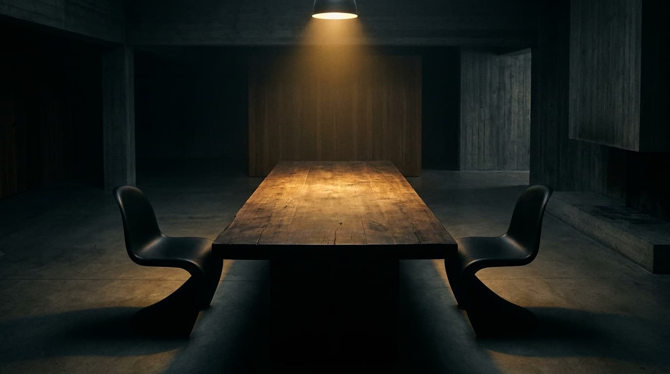 Two empty matte-black chairs across a wide dark wooden table — the interview is the conversation.