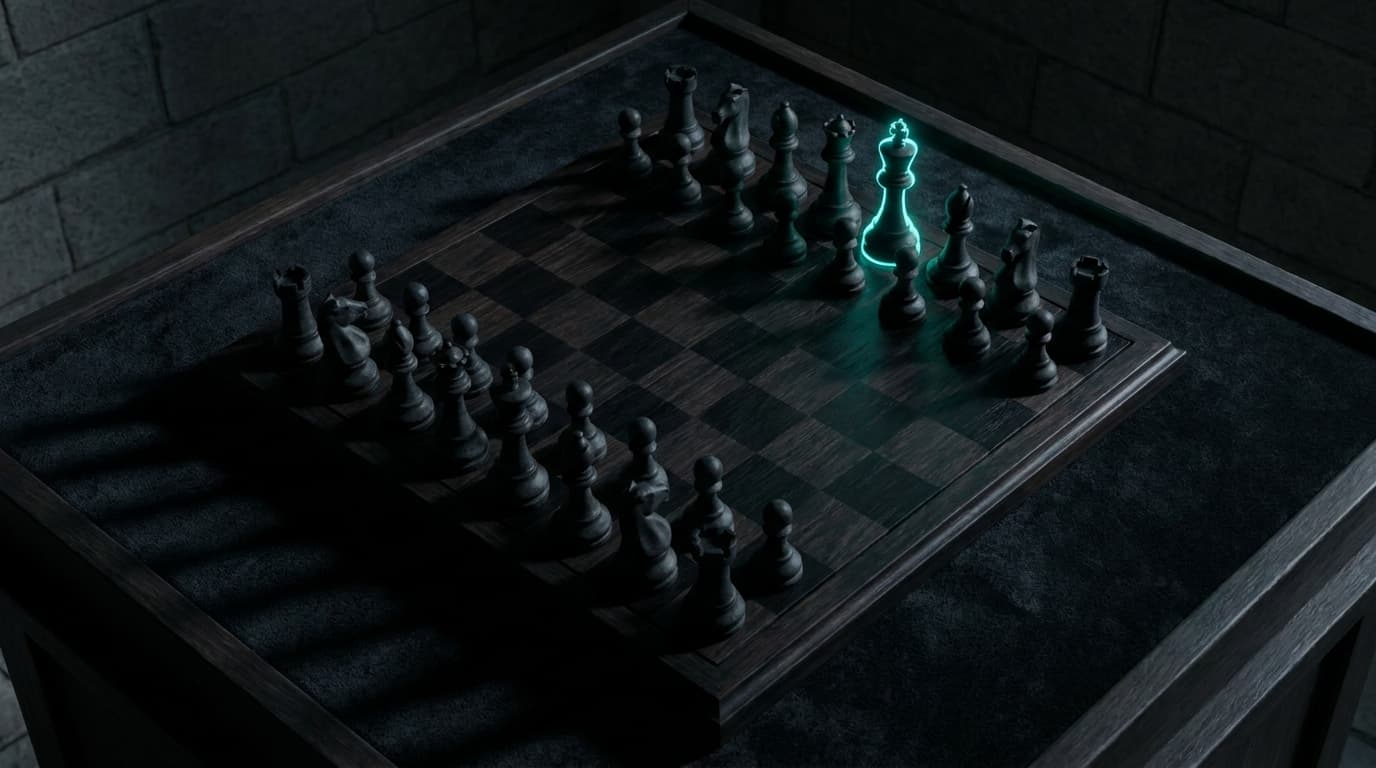 An unlit chess board with all matte-black pieces, single bio-cyan rim on the king — negotiation.