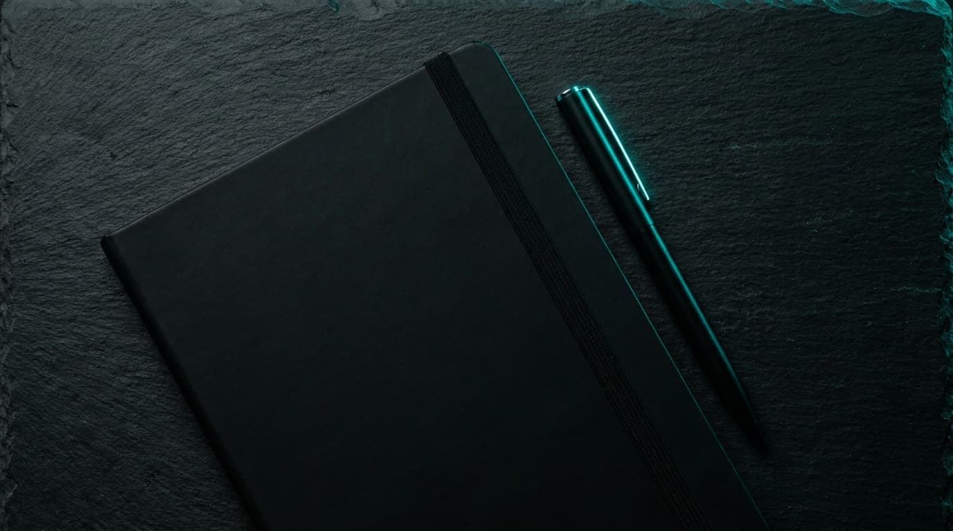 A closed matte-black notebook with a pen beside it on dark slate — non-technical roles.