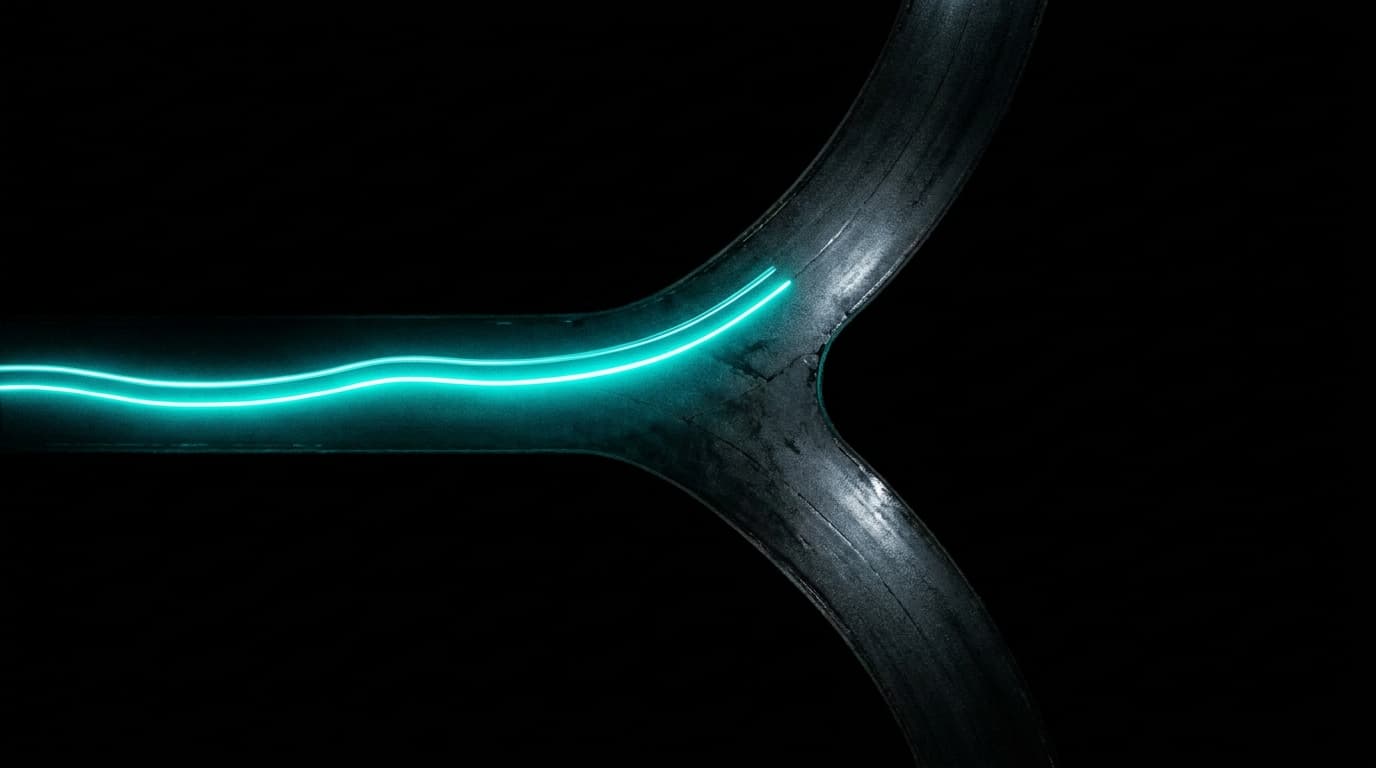 A dark wet road forking into two paths, a single bio-cyan trail following one — career pathways branch.