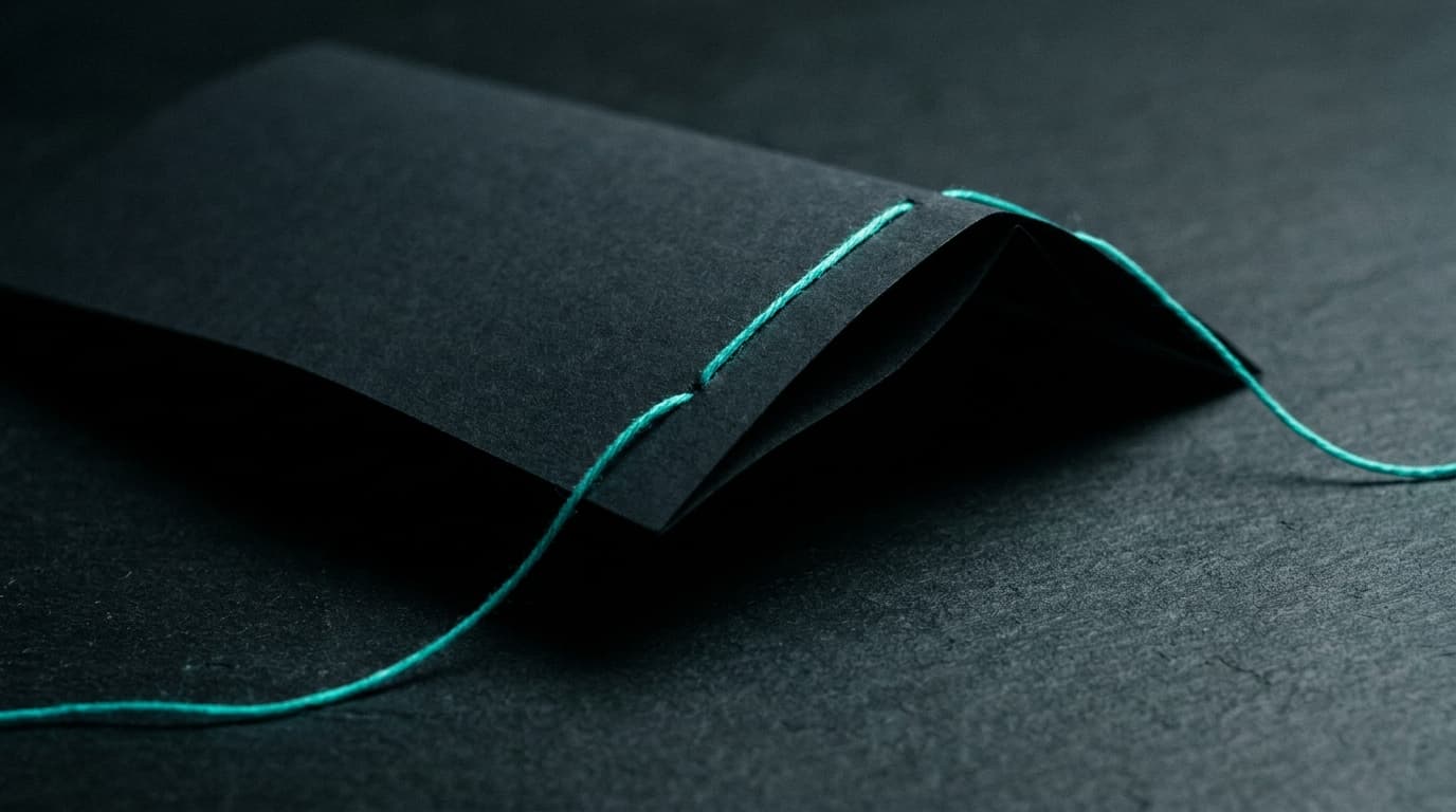 A folded dark sheet of paper on slate with a single bio-cyan thread through the fold.