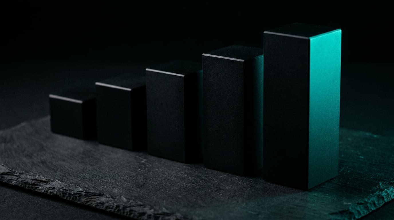Five matte-black machined blocks of ascending heights — salary bands as bar chart.