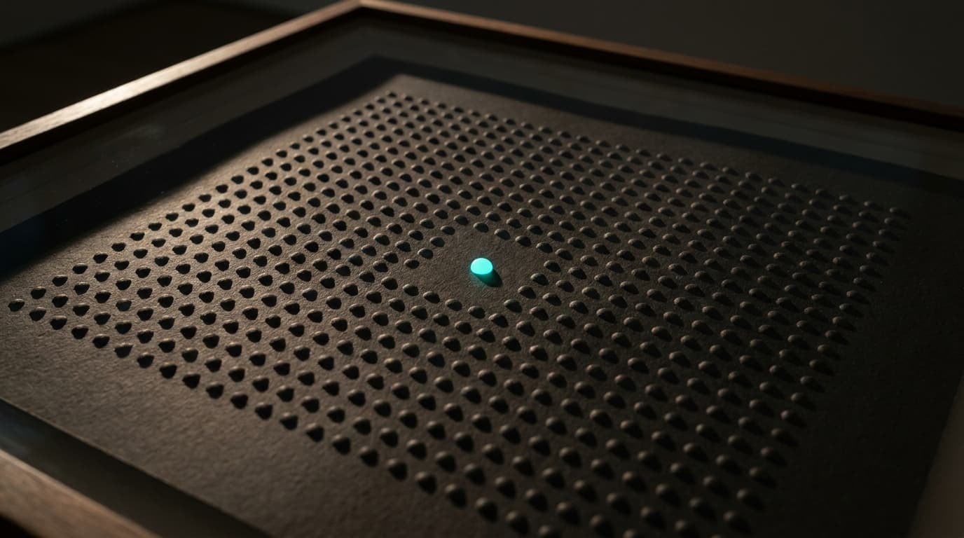Geometric raised dots on dark paper, one bio-cyan dot illuminated — acronyms decoded.