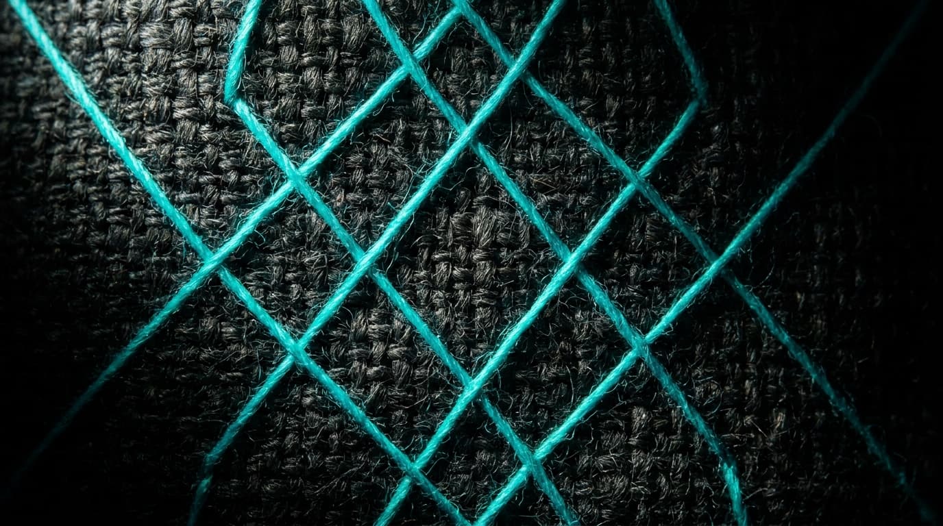 Dark woven fabric with three bio-cyan threads in a geometric pattern — jargon is just woven language.