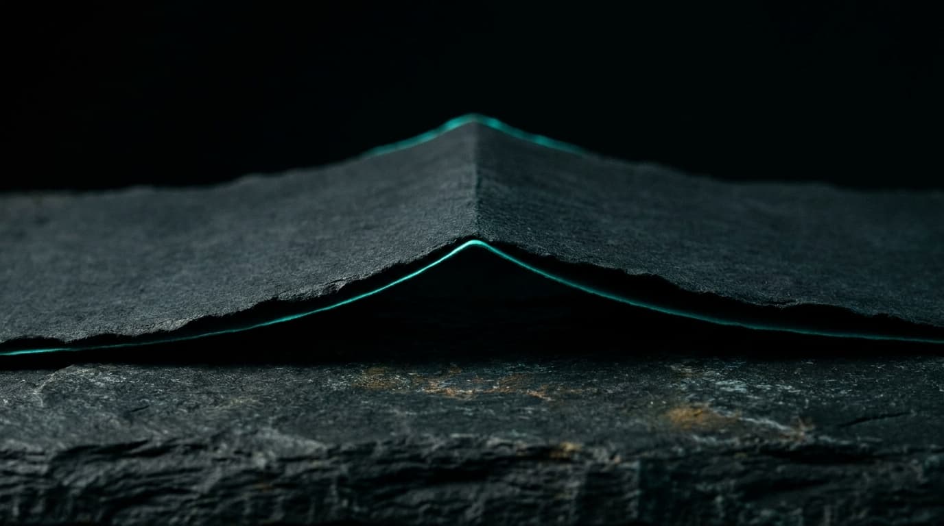 A folded dark paper manuscript edge-on, the fold catching a thin bio-cyan rim light.
