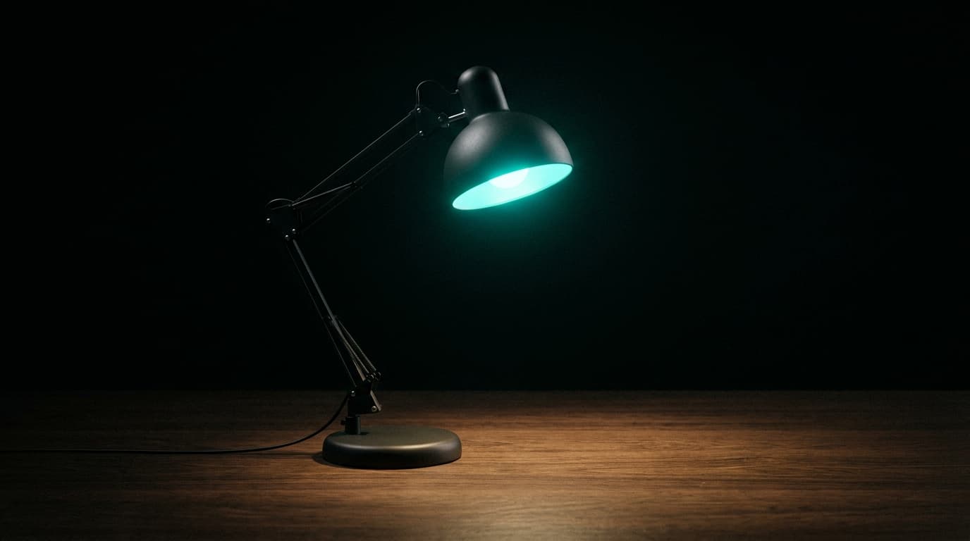 A matte-black desk lamp casting a warm pool of light on dark wood — the people behind the field.