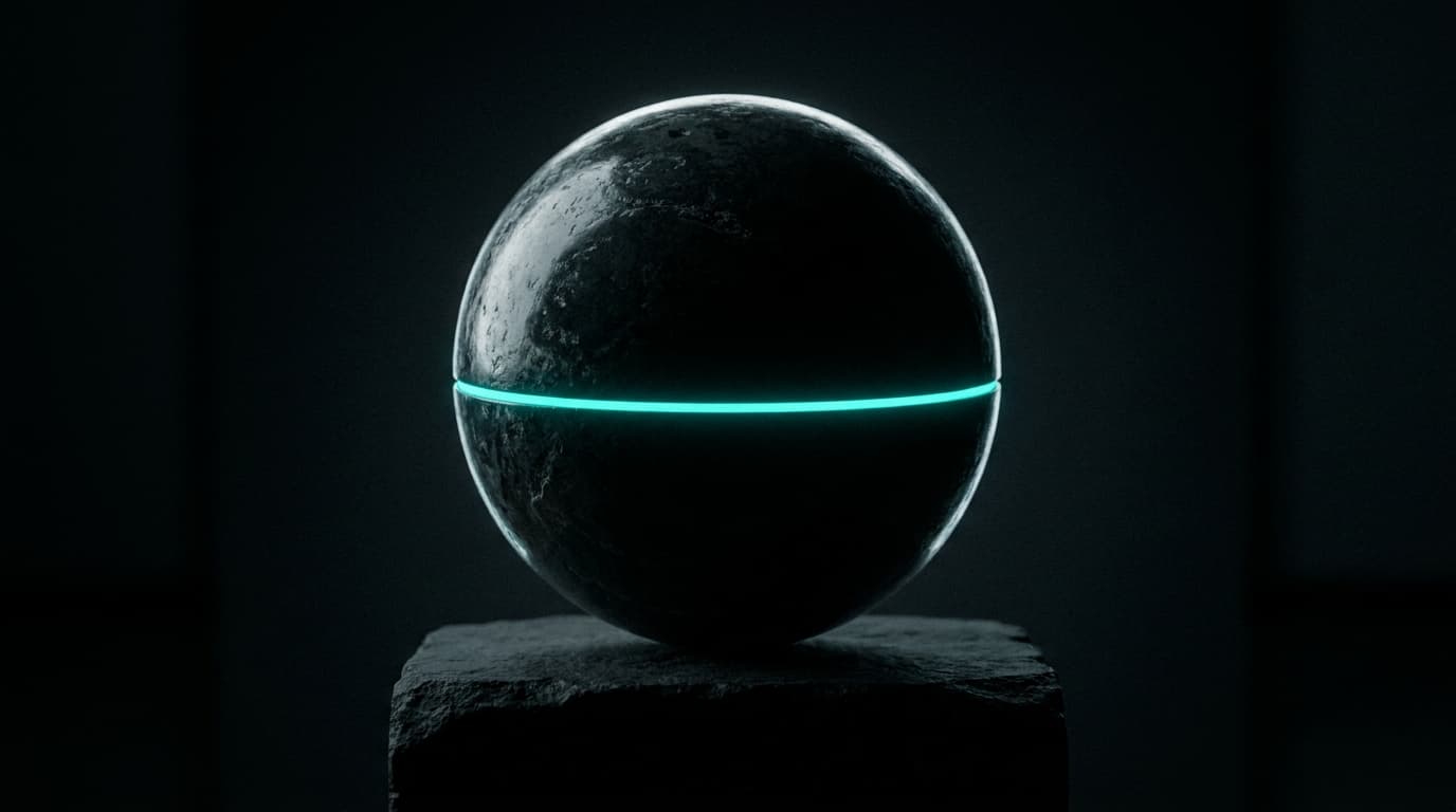 A globe of dark polished volcanic stone on a matte-black plinth, bio-cyan equatorial line.