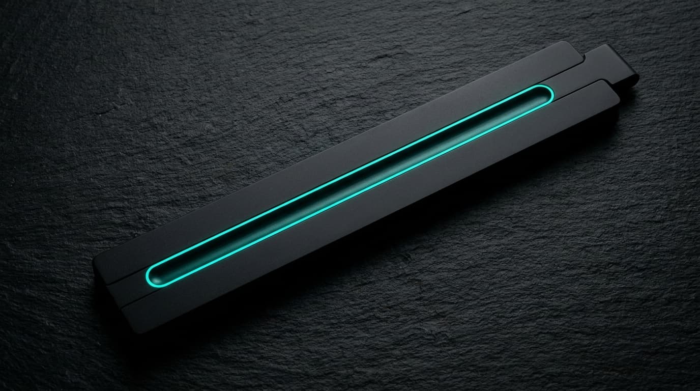 A matte-black slide rule on dark slate with bio-cyan rim light along its center groove.