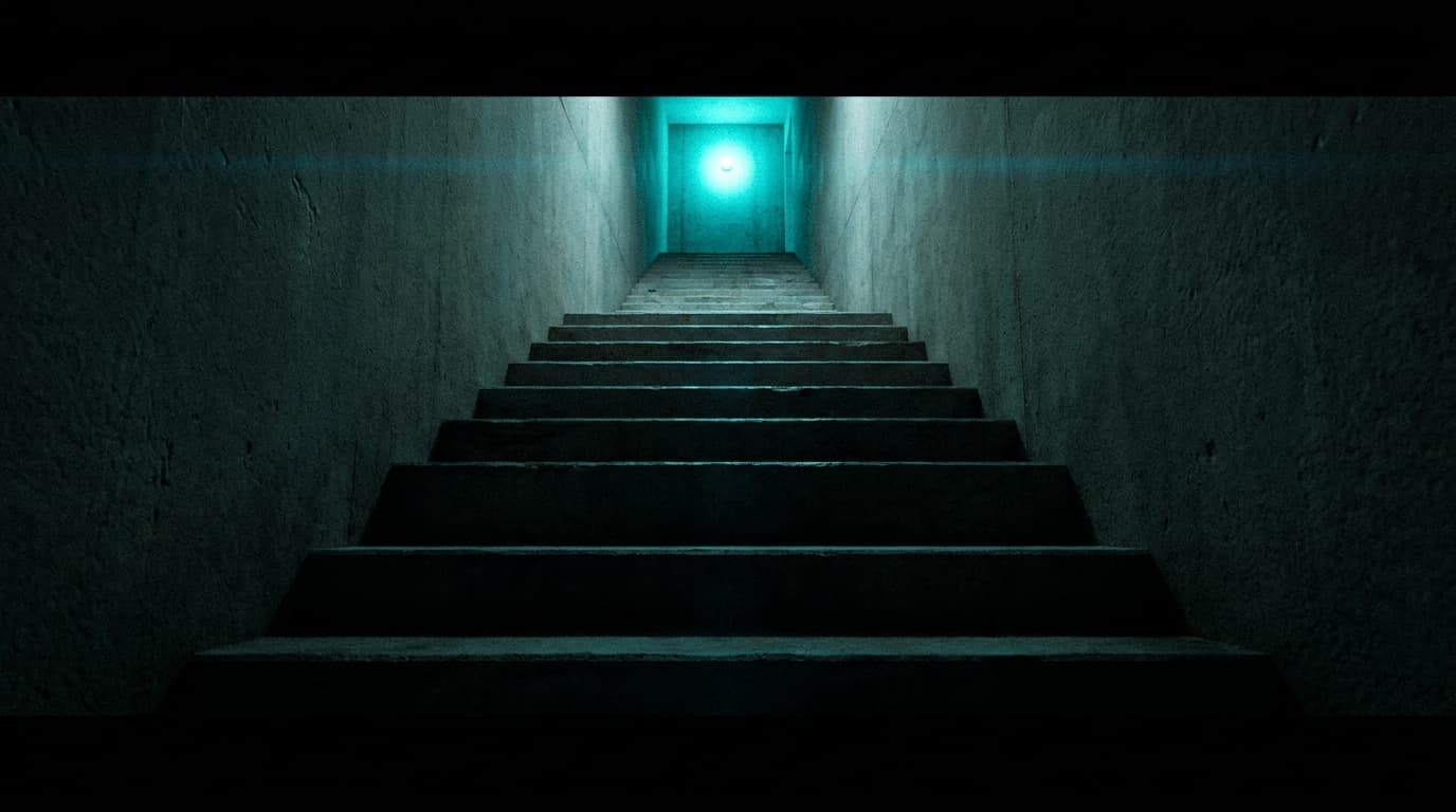 A dark concrete stairway from the bottom looking up to a single point of bio-cyan light.