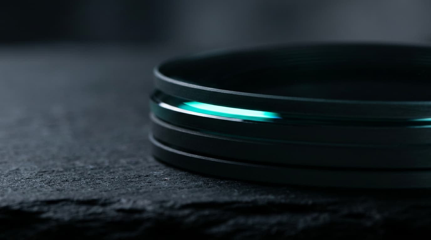 A stack of dark optical lenses on dark slate, edge-on, with a bio-cyan reflection.