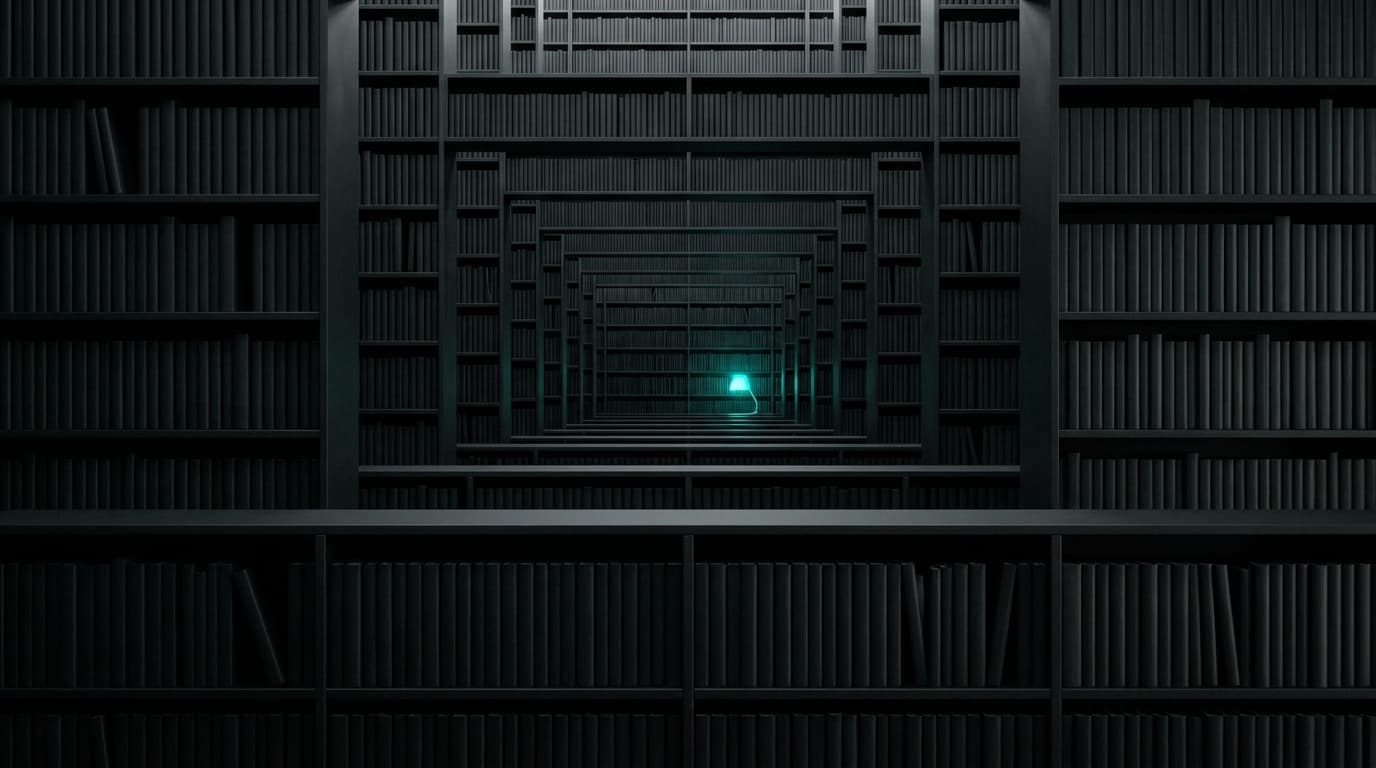 Vast dark library shelves receding to vanishing point — the learn surface.