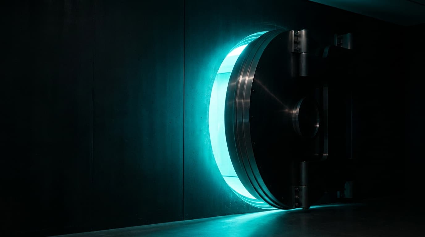 A massive dark steel vault door slightly ajar, bio-cyan light spilling from within.