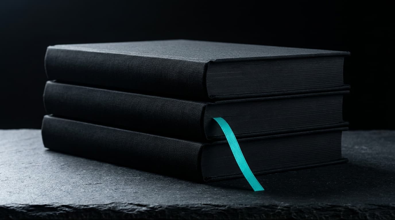 A stack of three matte-black hardcover books with a bio-cyan bookmark.