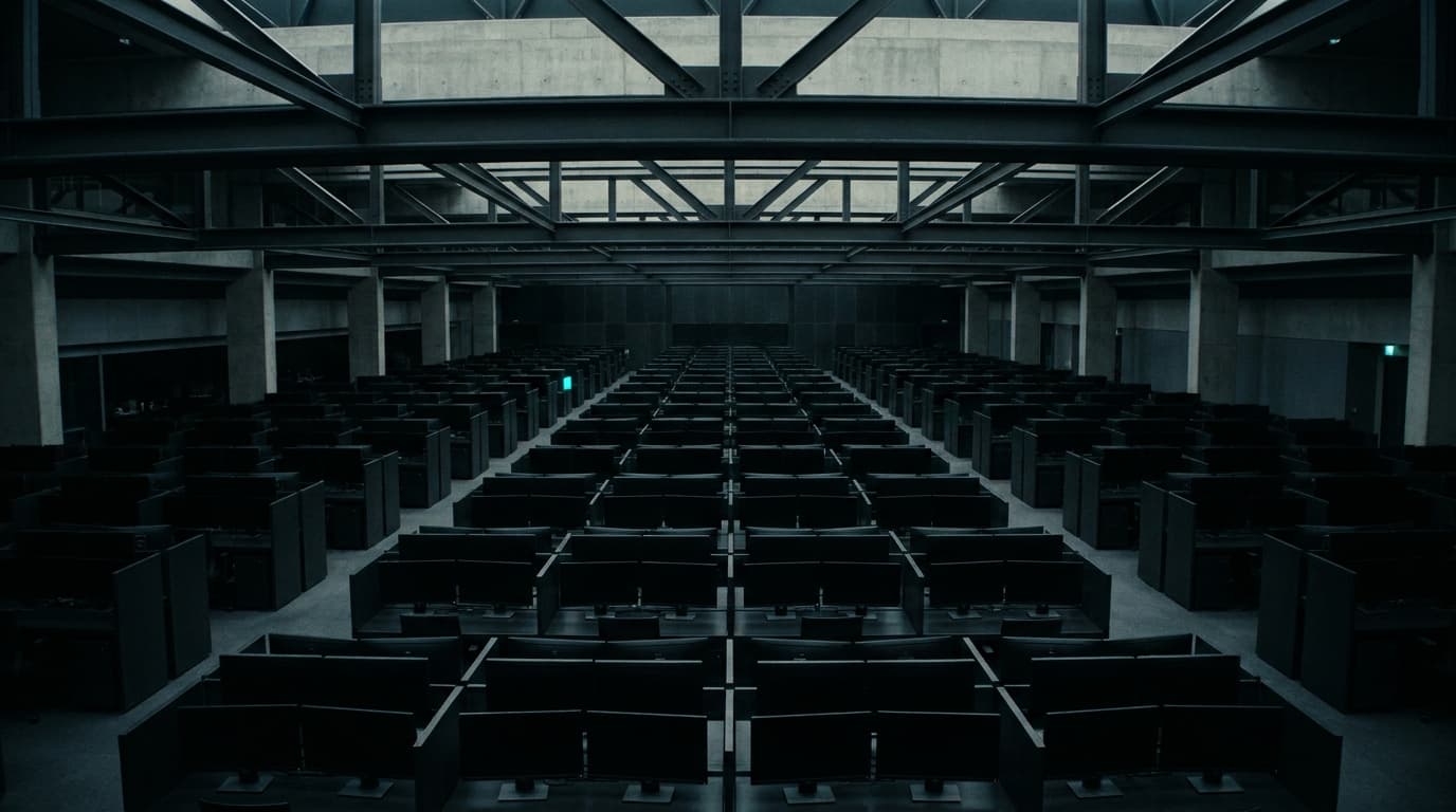 A vast dark trading floor with rows of empty black terminal stations, one bio-cyan status light.
