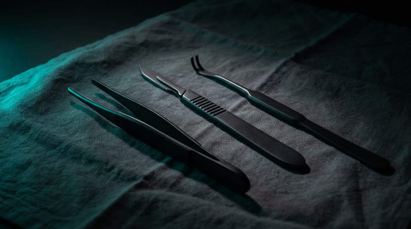 Polished matte-black medical precision instruments on dark surgical cloth — healthcare AI.