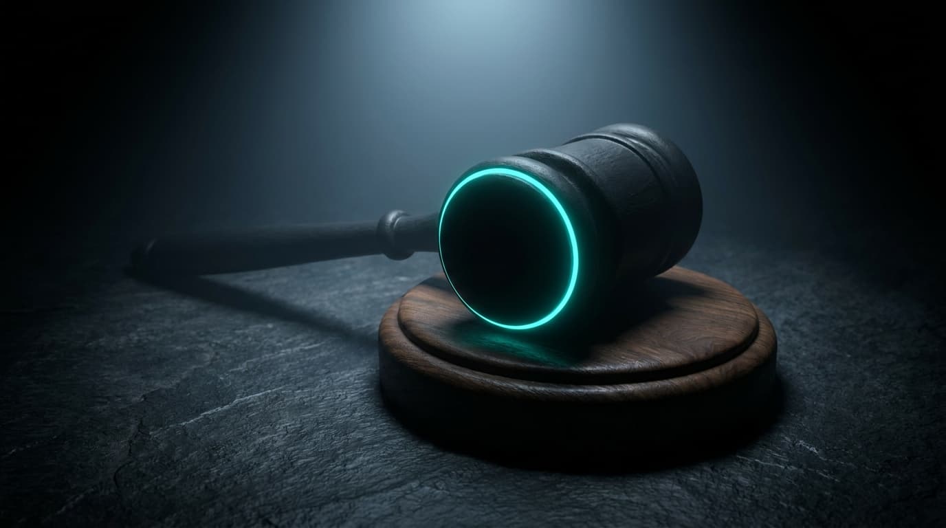 A matte-black gavel resting on its dark walnut base on dark slate.
