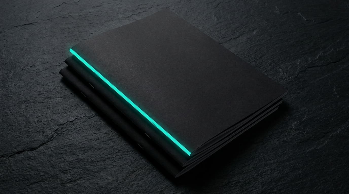 Three matte-black folded magazines in a precise stack with a bio-cyan light along the top edge.