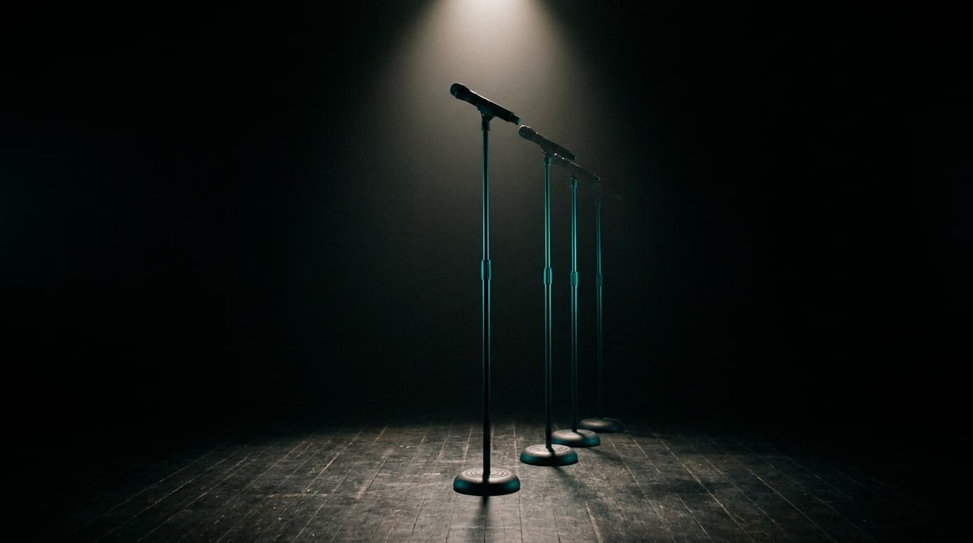 Three matte-black microphone stands on a dark stage under a single overhead spotlight.