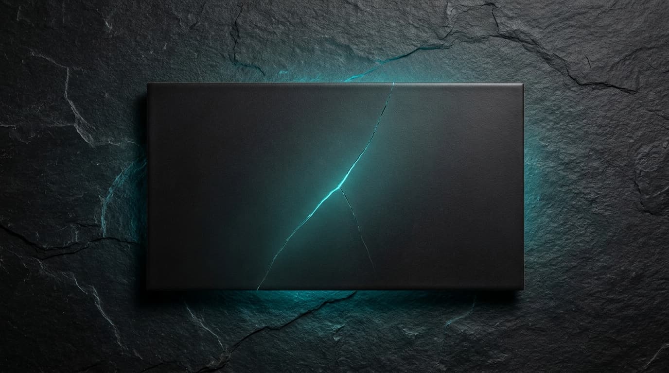 A matte-black ceramic tile with a hairline fracture, bio-cyan light leaking from beneath — failures.