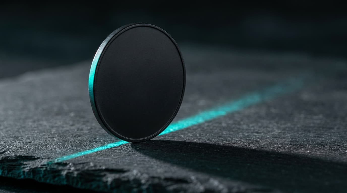A single matte-black coin balanced on edge on dark slate, casting a long shadow — funding.